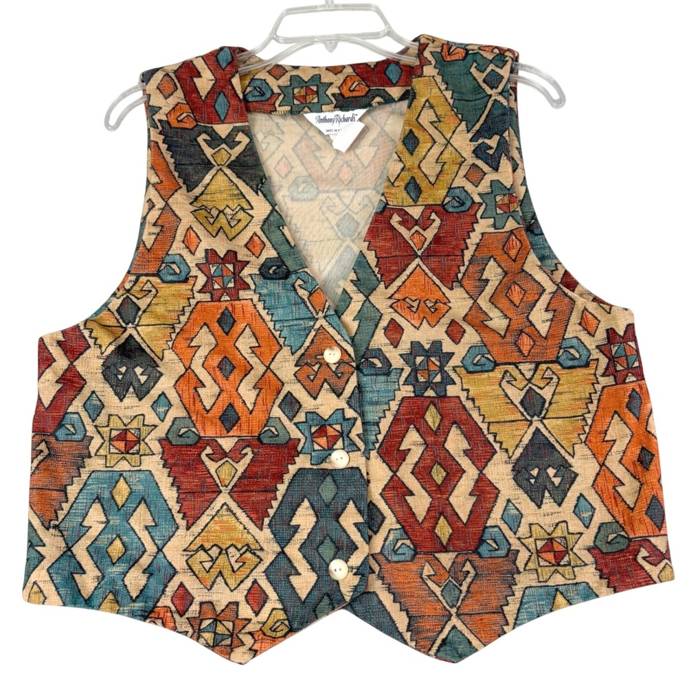 Vintage Anthony Richards Large Multicolor Aztec Southwestern Vest Art to Wear